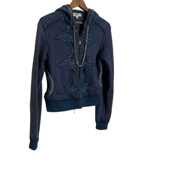 Hendi Full Zip Lace Embroidery Studded Chain Lace Up Back Hoodie Navy Sz Medium - Picture 2 of 11